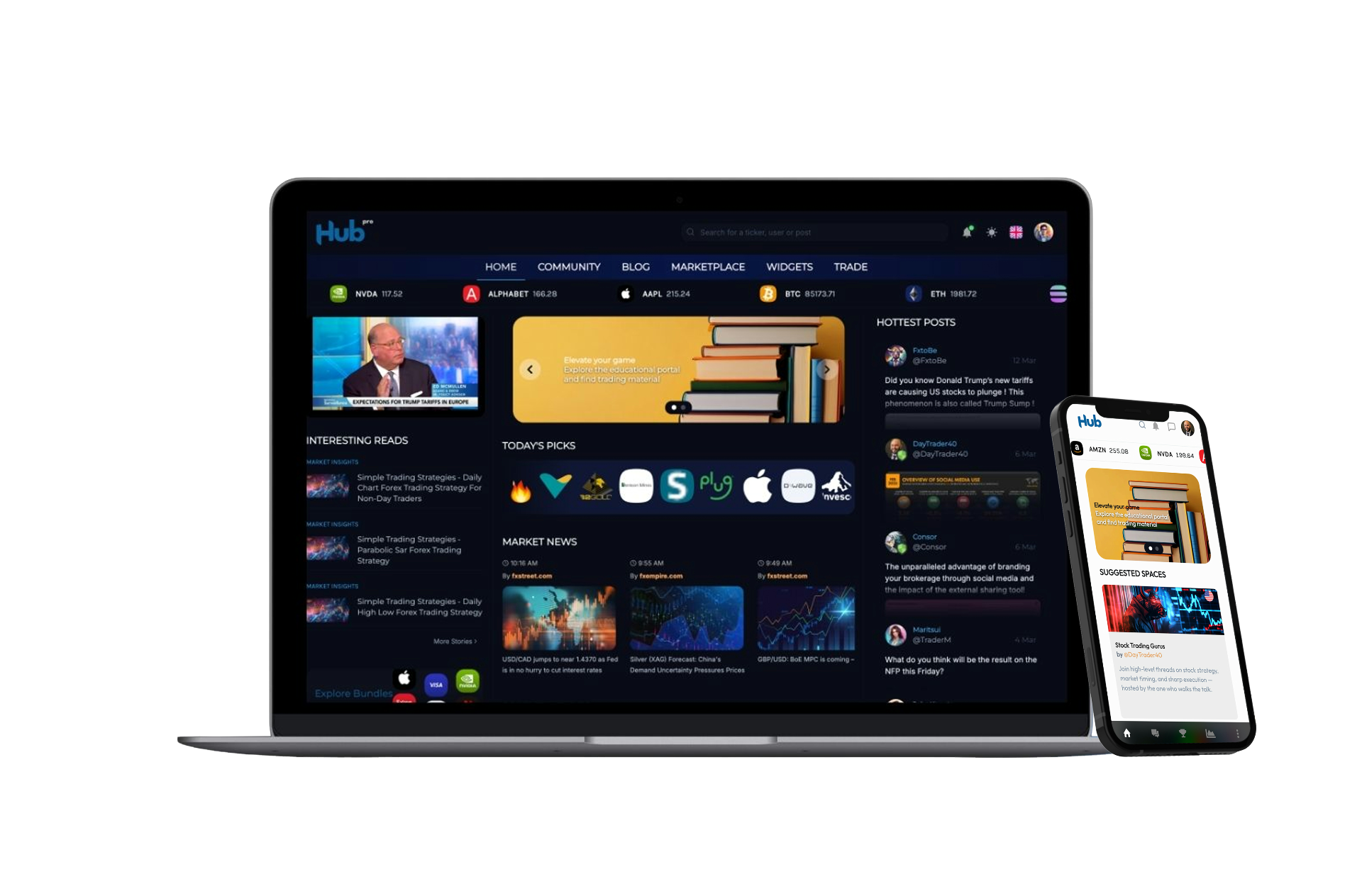 HubPro on desktop dashboard, branded social trading environment